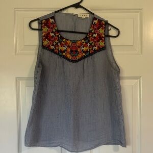 THML Floral Embroidered Blue Striped Blouse